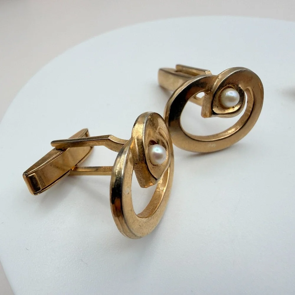 Vintage Y2K‎ Gold Tone Faux Pearl Green Glass Cufflinks Set 2 Pair Jewelry